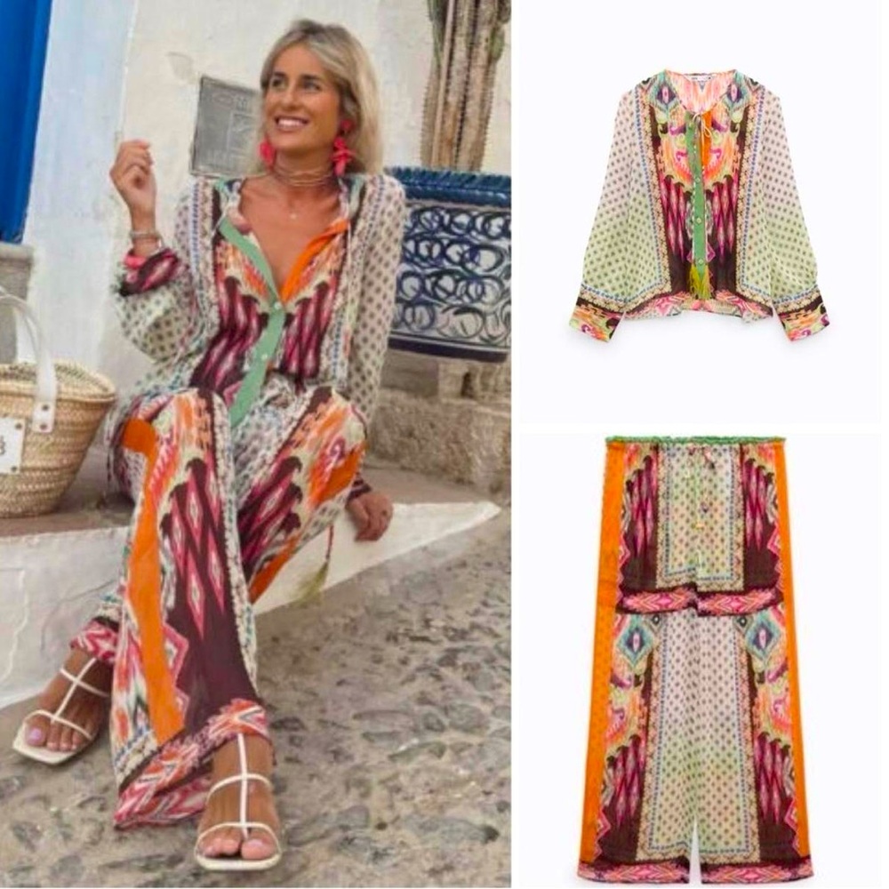 Zara 2 piece set co ord feather trim blouse and pants